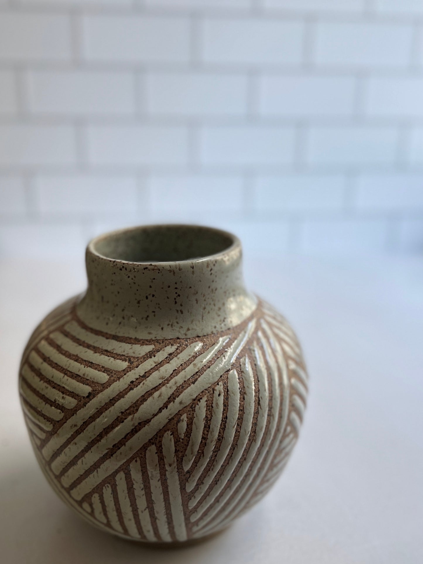 Celadon Textured Stripe Moon Jar