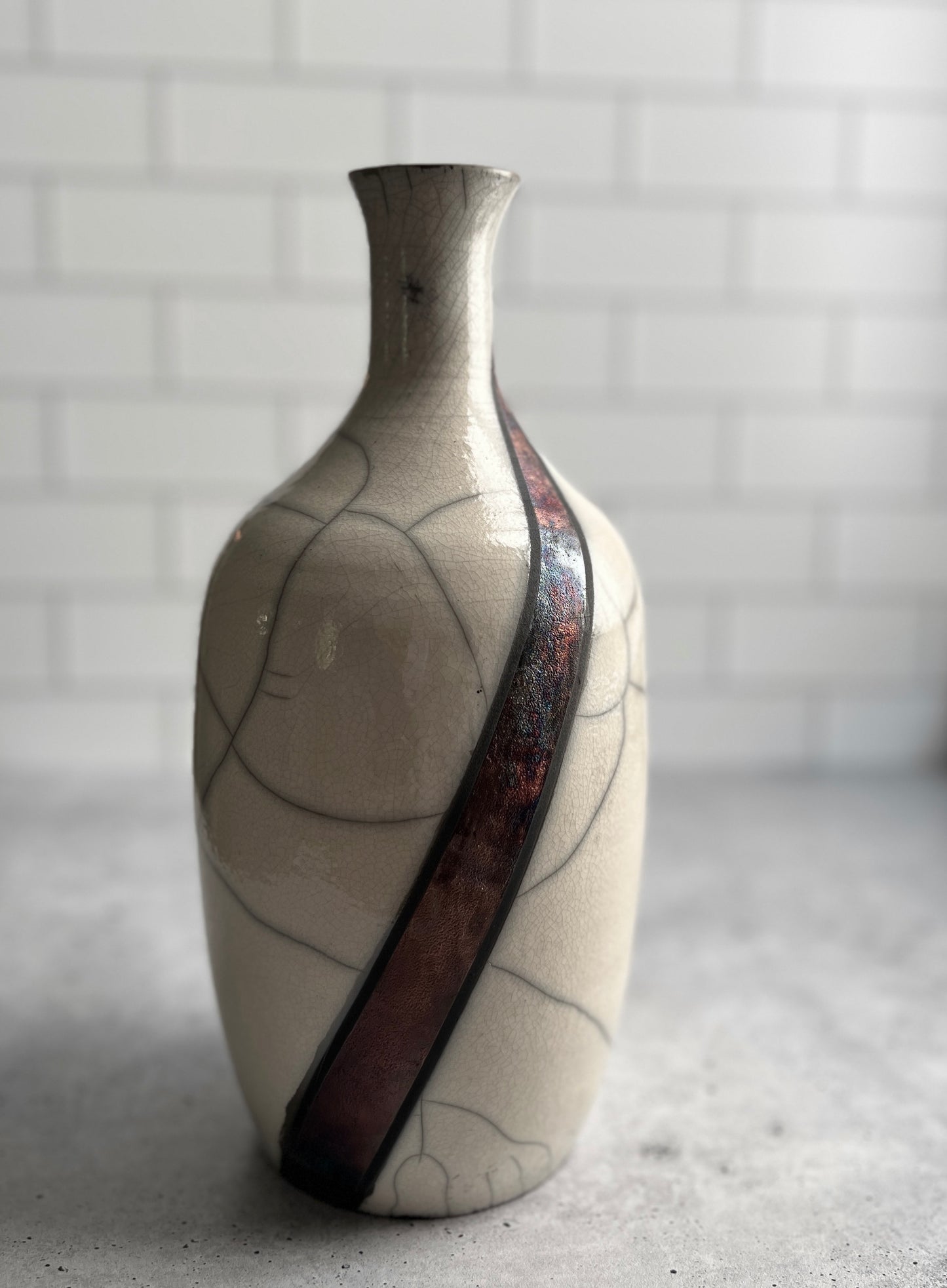 Raku Bottle Neck Vase - Wine Stripe