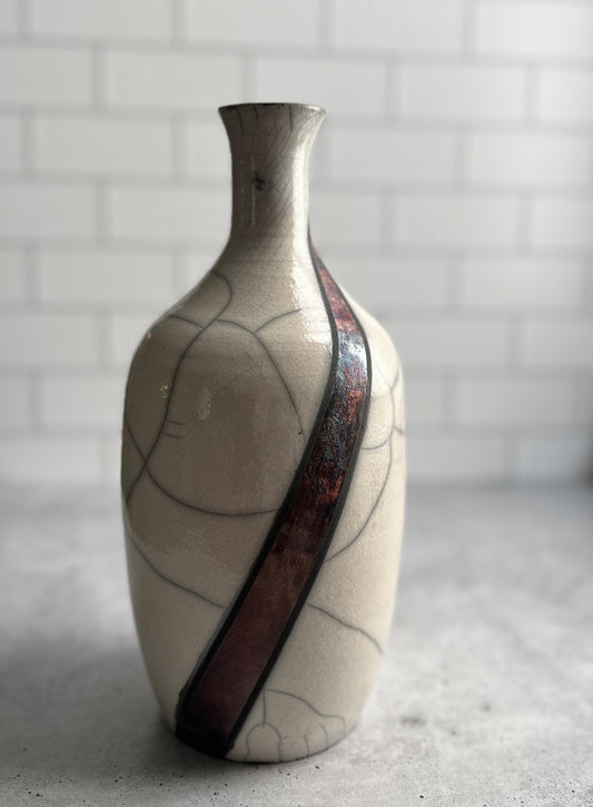 Raku Bottle Neck Vase - Wine Stripe