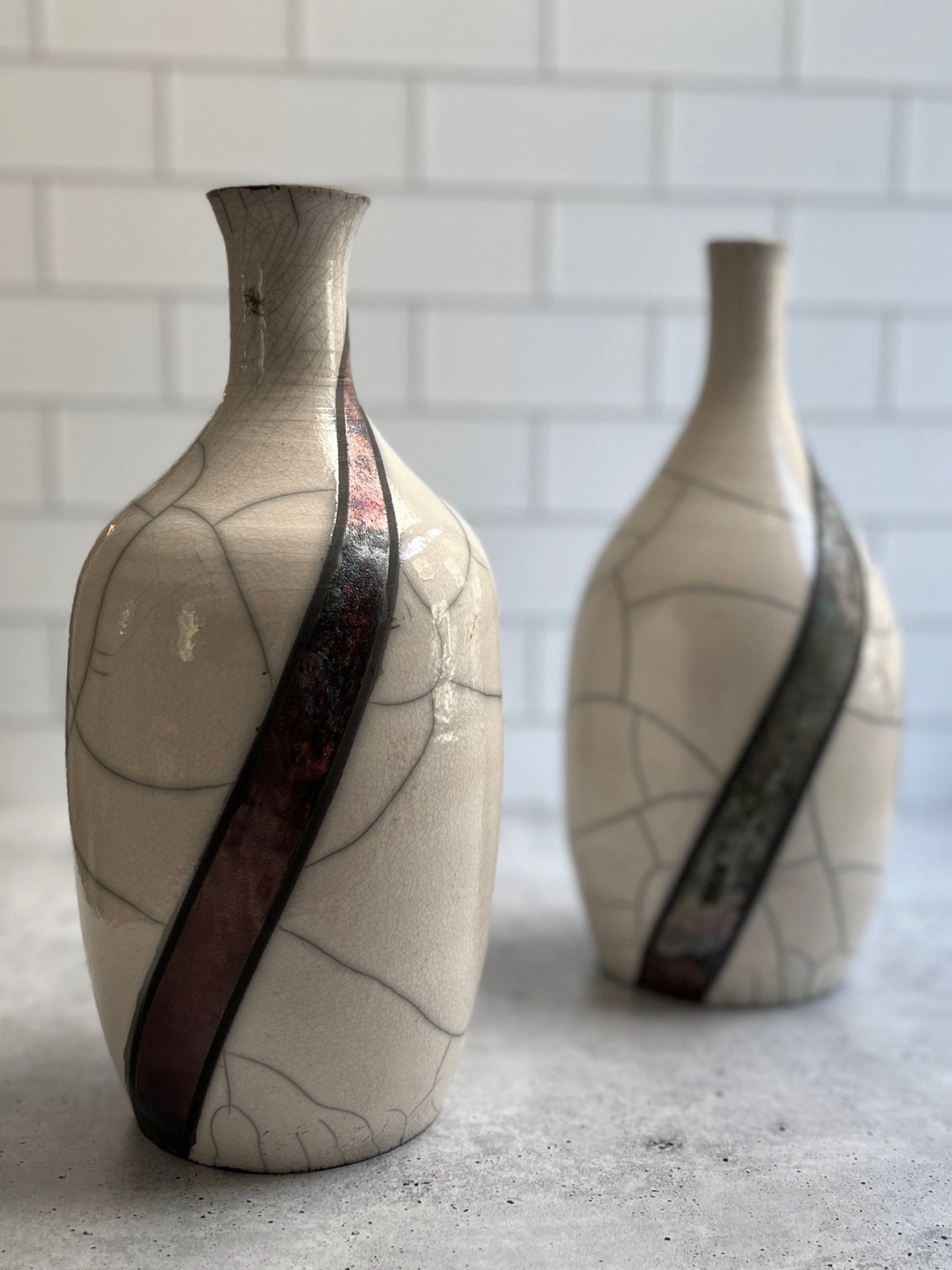 Raku Bottle Neck Vase - Wine Stripe